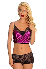 Mor Avm Mor Saten Dantelli Babydoll Şortlu Takım - 287